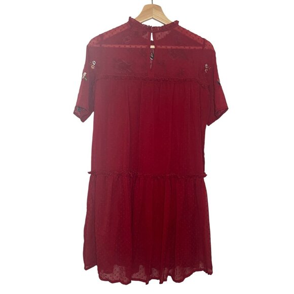 zink London Women Dress Small Size Textured A Line Tiered Red Floral Embroidery - Picture 5 of 16